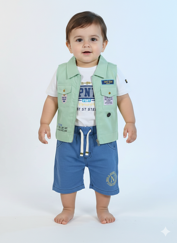 Baby Boys Three Piece Summer Vest Set Graphic Inner Tee And Comfortable Denim Shorts