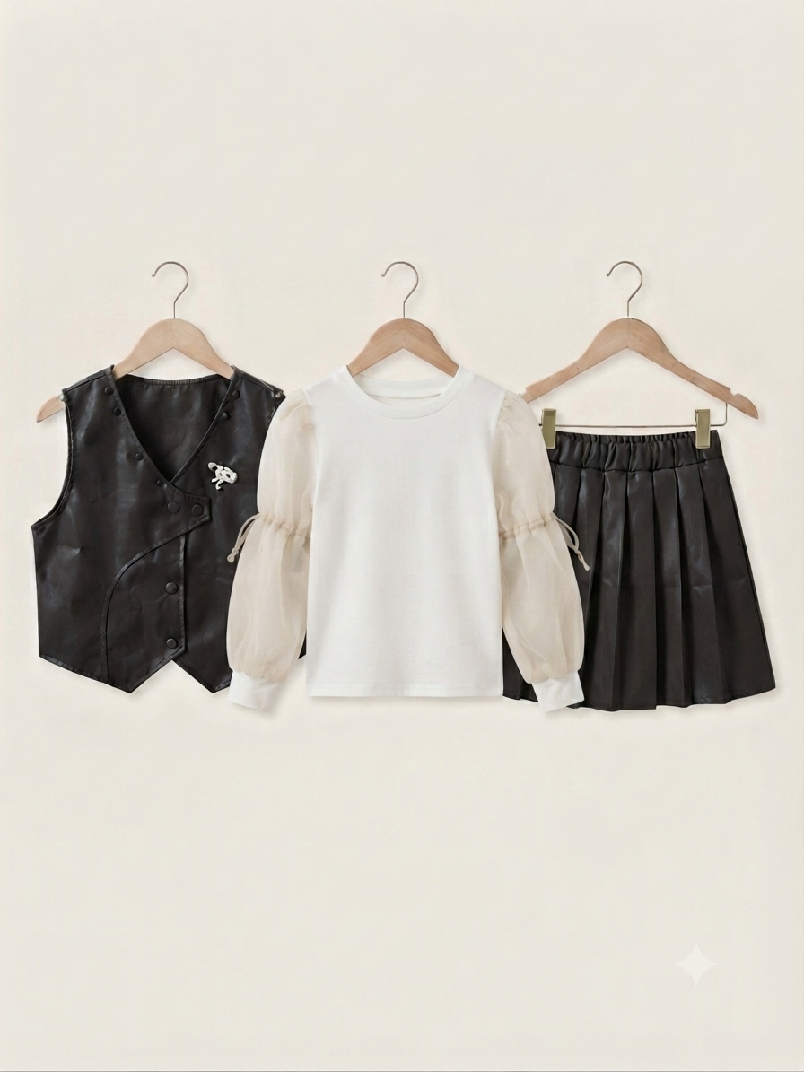 Stylish Faux Leather Vest Sheer Puff Sleeve Top And Pleated Skirt Outfit Set