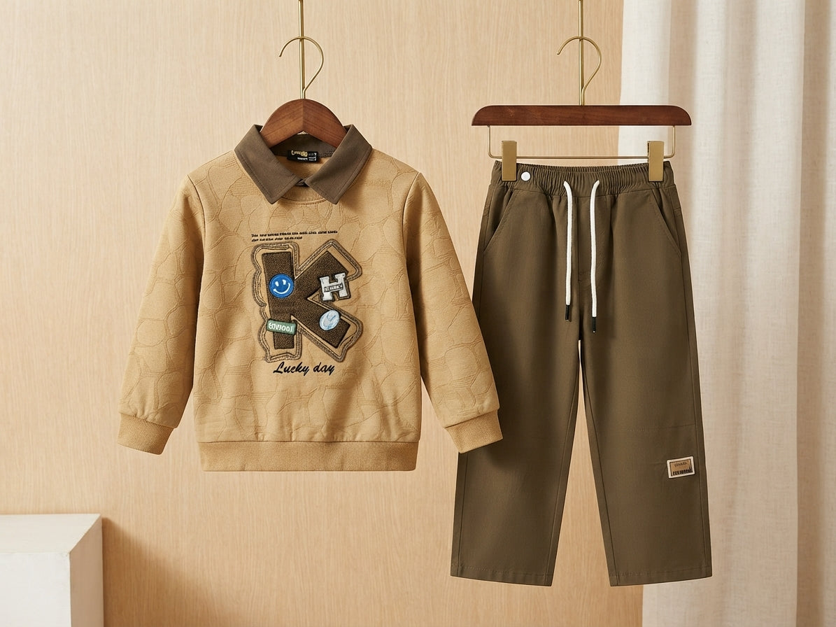 Stylish Kids Letter K Embroidered Collared Sweatshirt And Trouser Tracksuit Set