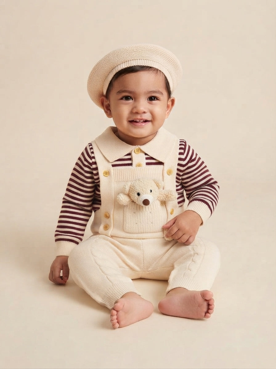Baby Boy Stylish Knitted Striped Overalls Set With Matching Beret And Cute Teddy Pocket
