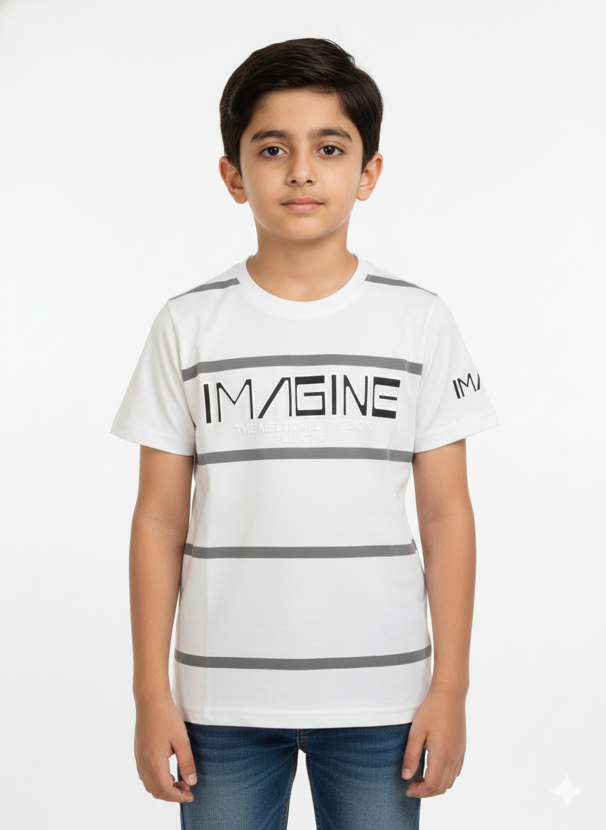 A Bold Young Individual Showcasing A Modern Black And Grey Striped Imagine Graphic T Shirt