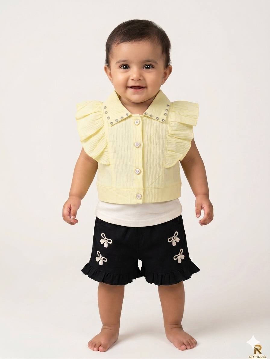 Adorable Baby Girl Three-Piece Set with Ruffled Vest and Bow-Detailed Shorts in Three Colors