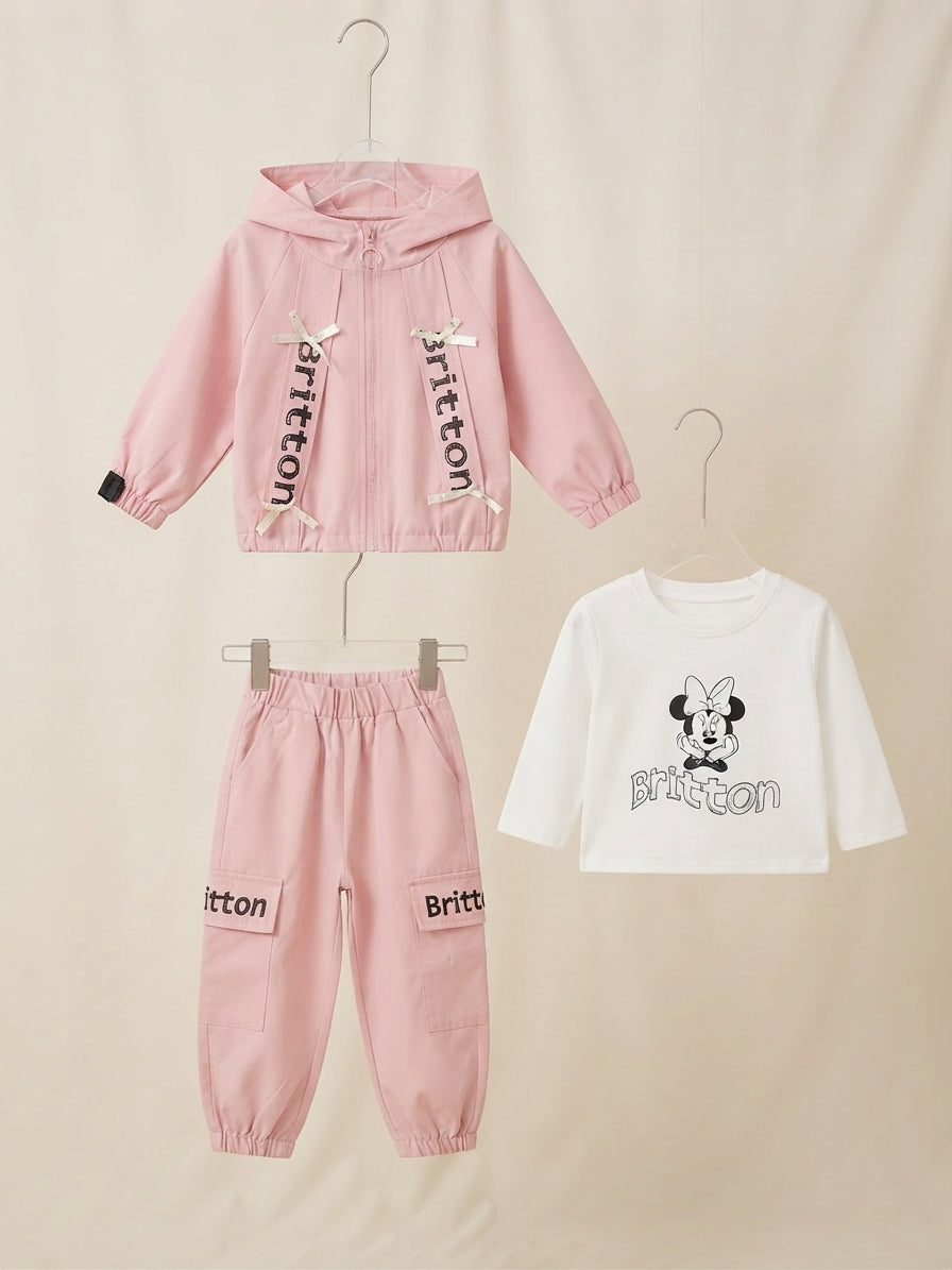 Stylish three-piece girls outfit set featuring a hooded jacket, white shirt, and trousers.