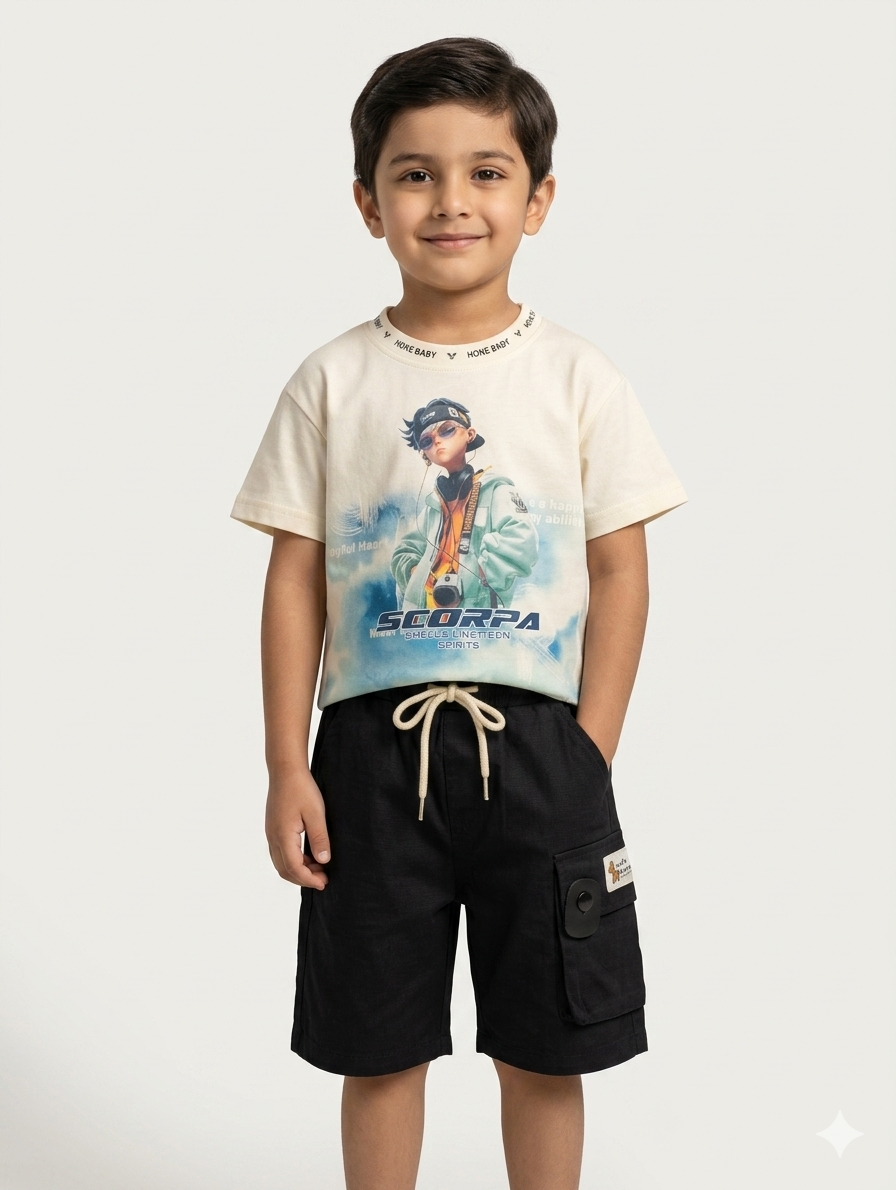 Boys Graphic Print T-Shirt and Cargo Shorts Set Available in Two Colors