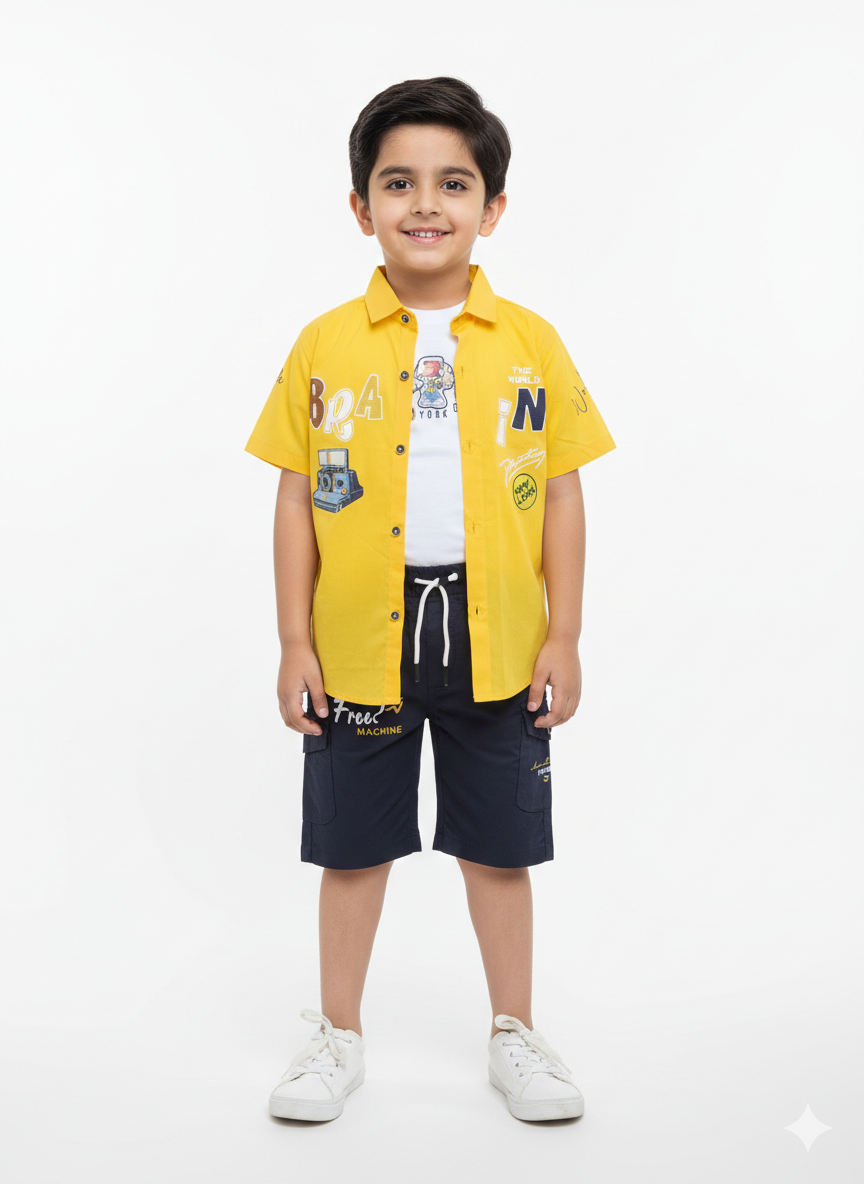 Kids Trendy Graphic Summer Set: Vibrant Shirt & Cargo Shorts Outfit