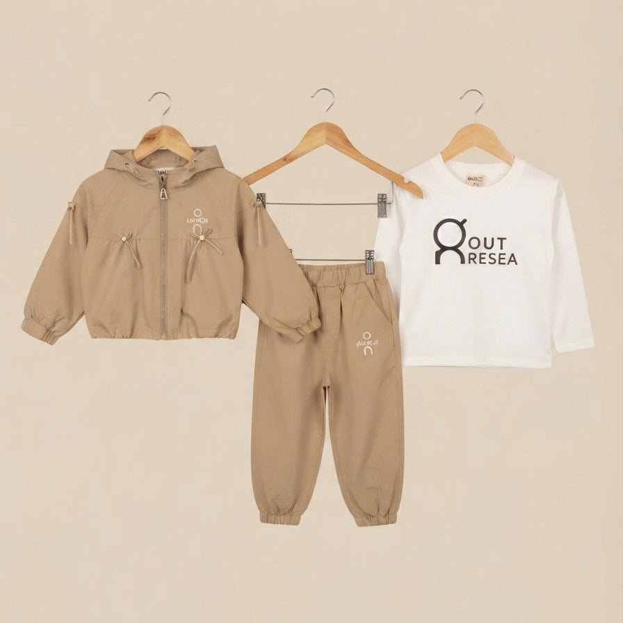 Kids 3 Piece Outfit Set Cute Hooded Jacket Pants And Printed T Shirt