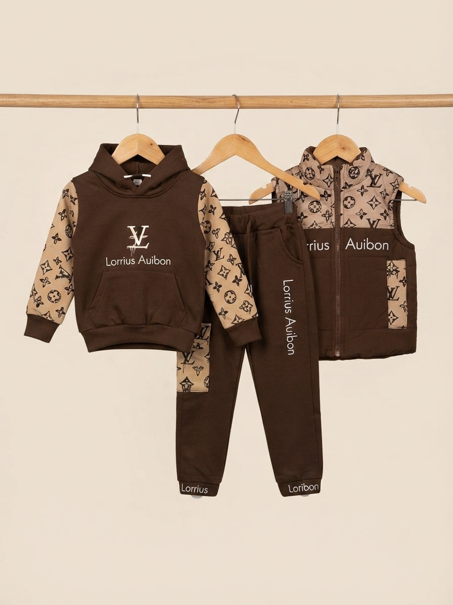 Stylish Boys Three Piece Winter Outfit Featuring Printed Hoodie Matching Trouser And Puffer Vest