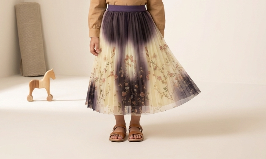 Girls Ombre Floral Pleated Tulle Maxi Skirt Elegant Party Wear Fashion For Special Occasions