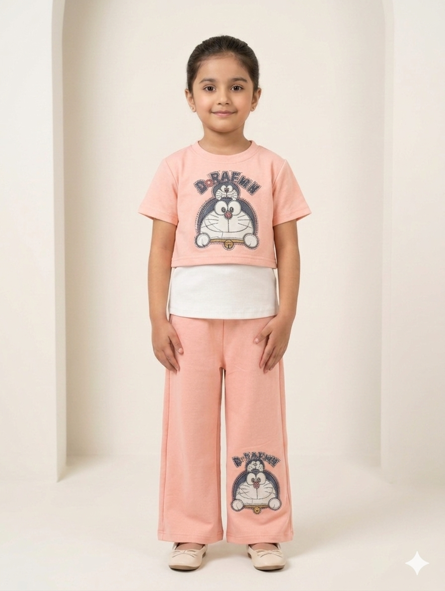Doraemon Printed Three-Piece Co-ord Set with Cropped Top and Wide Leg Trousers for Girls