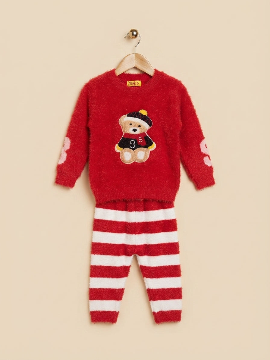 Fluffy Kids Winter Bear Graphic Sweater And Striped Trouser Outfit Set