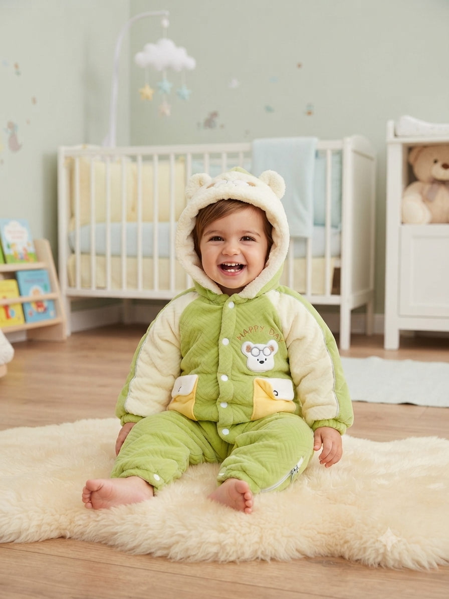 Adorable Off-White Bear Hooded Baby Romper Warm Fleece Winter Jumpsuit For Toddler Boys