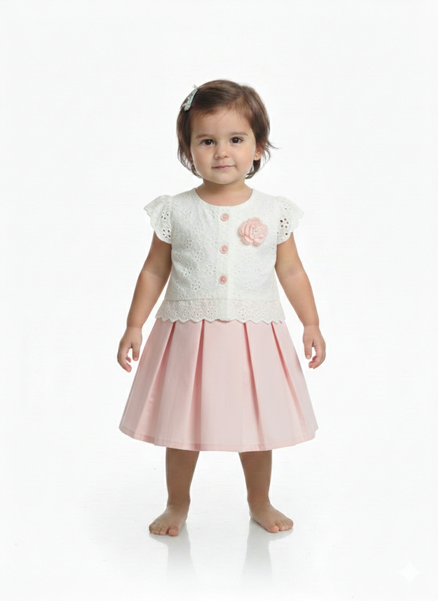 Toddler Girls' Elegant Eyelet Lace Cardigan and Pleated Skirt Set - Pink or Blue