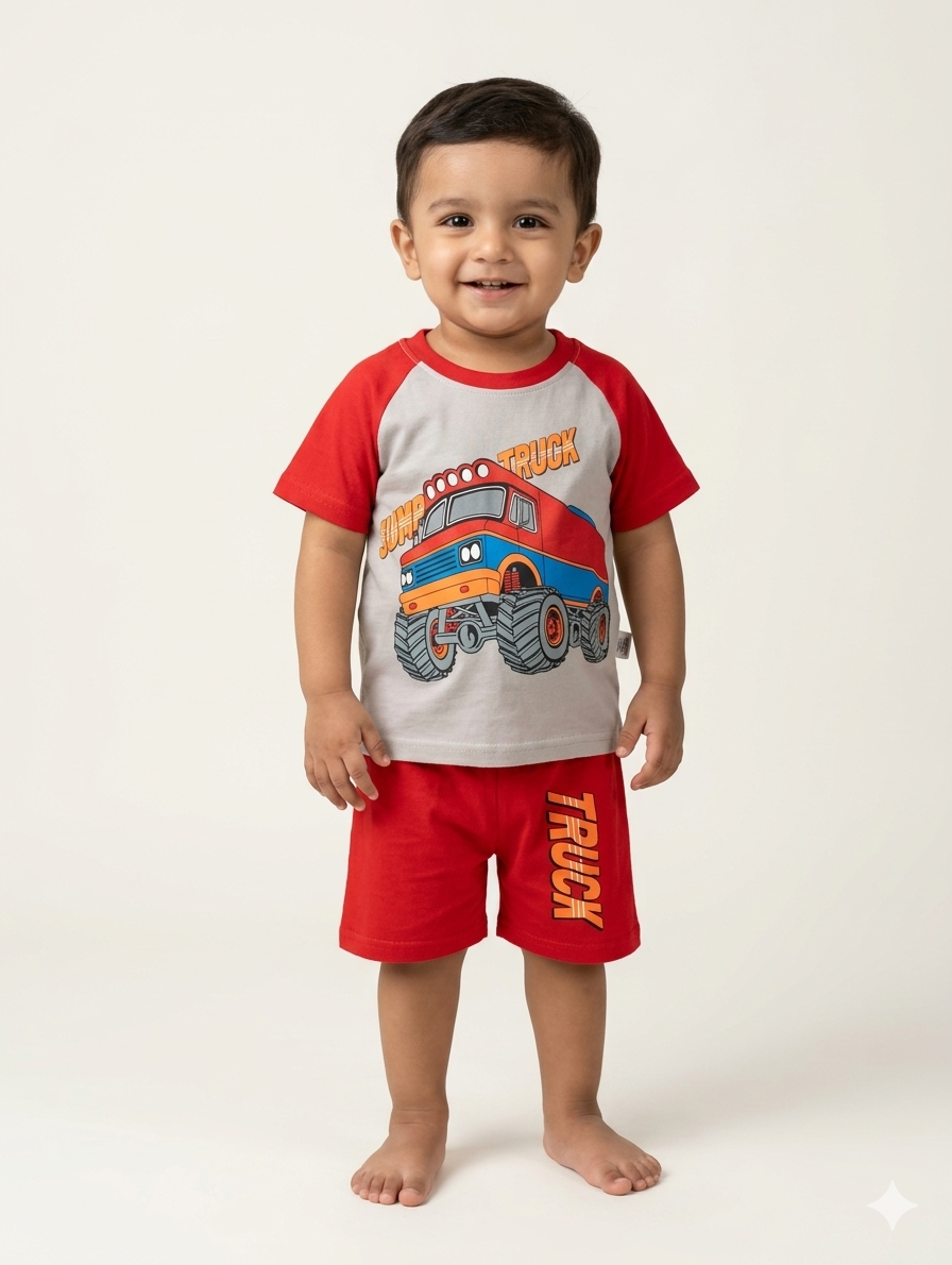 Boys Monster Truck Jump Graphic T-Shirt and Red Shorts Two-Piece Cotton Summer Playwear Set