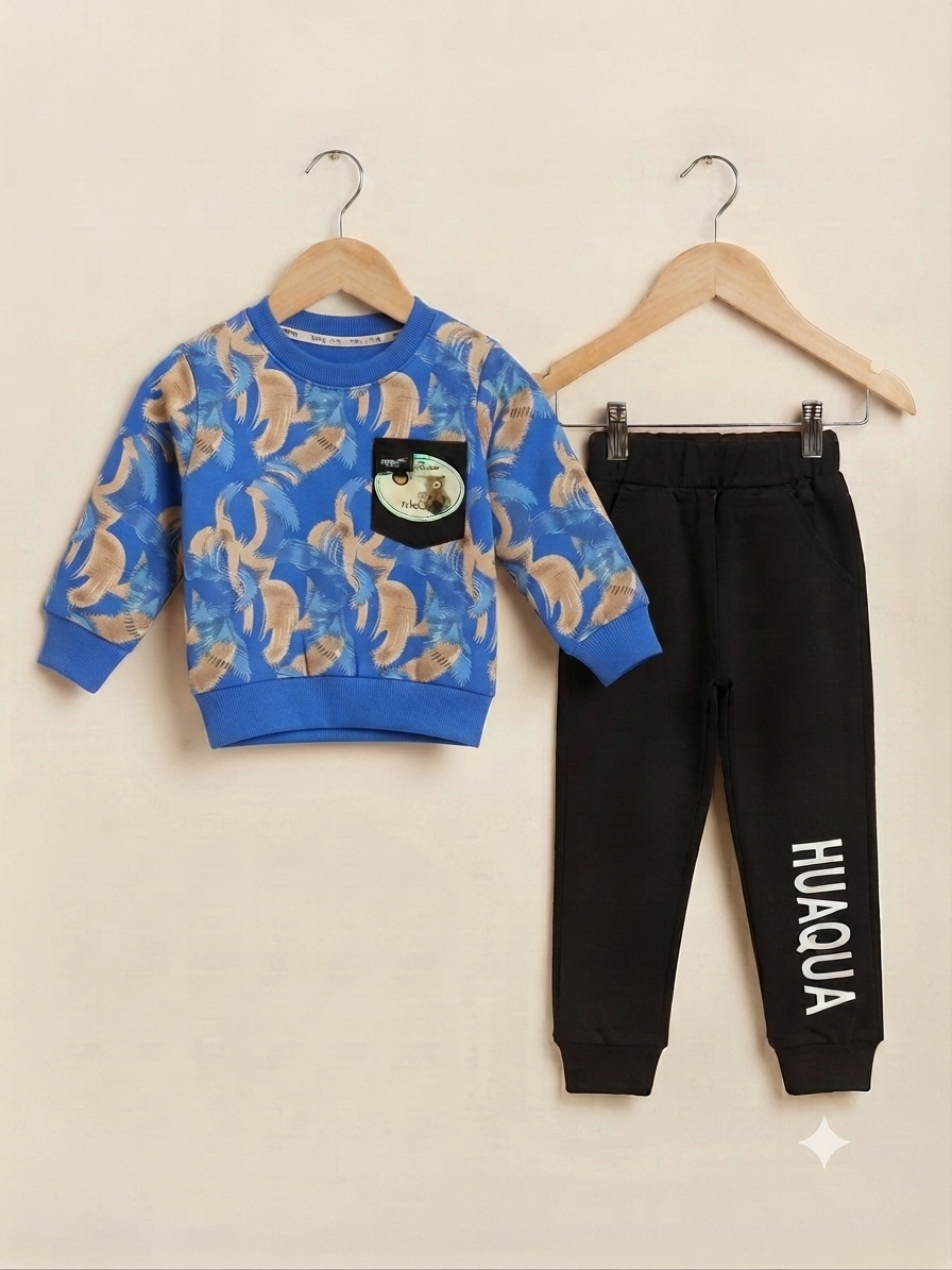 Stylish Brush Stroke Print Kids Fleece Sweatshirt And Black Joggers Winter Outfit Set