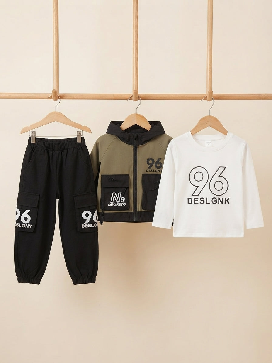 Stylish three-piece boys clothing set featuring a jacket, t-shirt, and cargo pants.