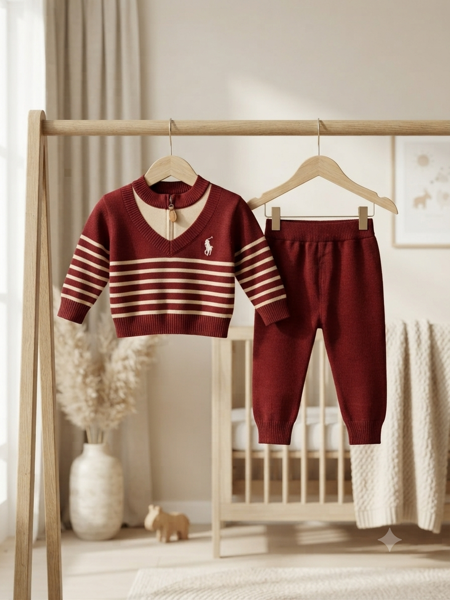 Stylish Kids Winter Knitted Striped V Neck Pullover And Full Length Trouser Set