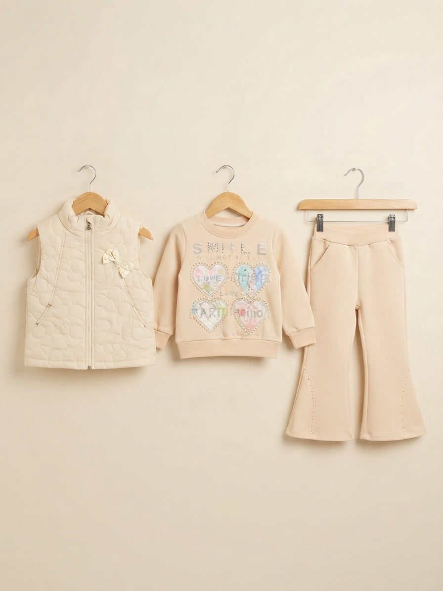 Girls Stylish 3-Piece Winter Outfit Set Featuring Quilted Vest Sweatshirt And Matching Trousers