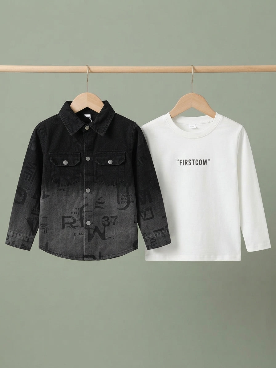 Boys Black Graphic Print Denim Button Down Shirt With Matching White Long Sleeve Tee
