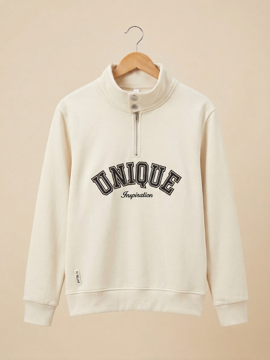 Stylish Half Zip Unique Embroidered Sweatshirt Premium Fleece Winter Casual Pullover Top