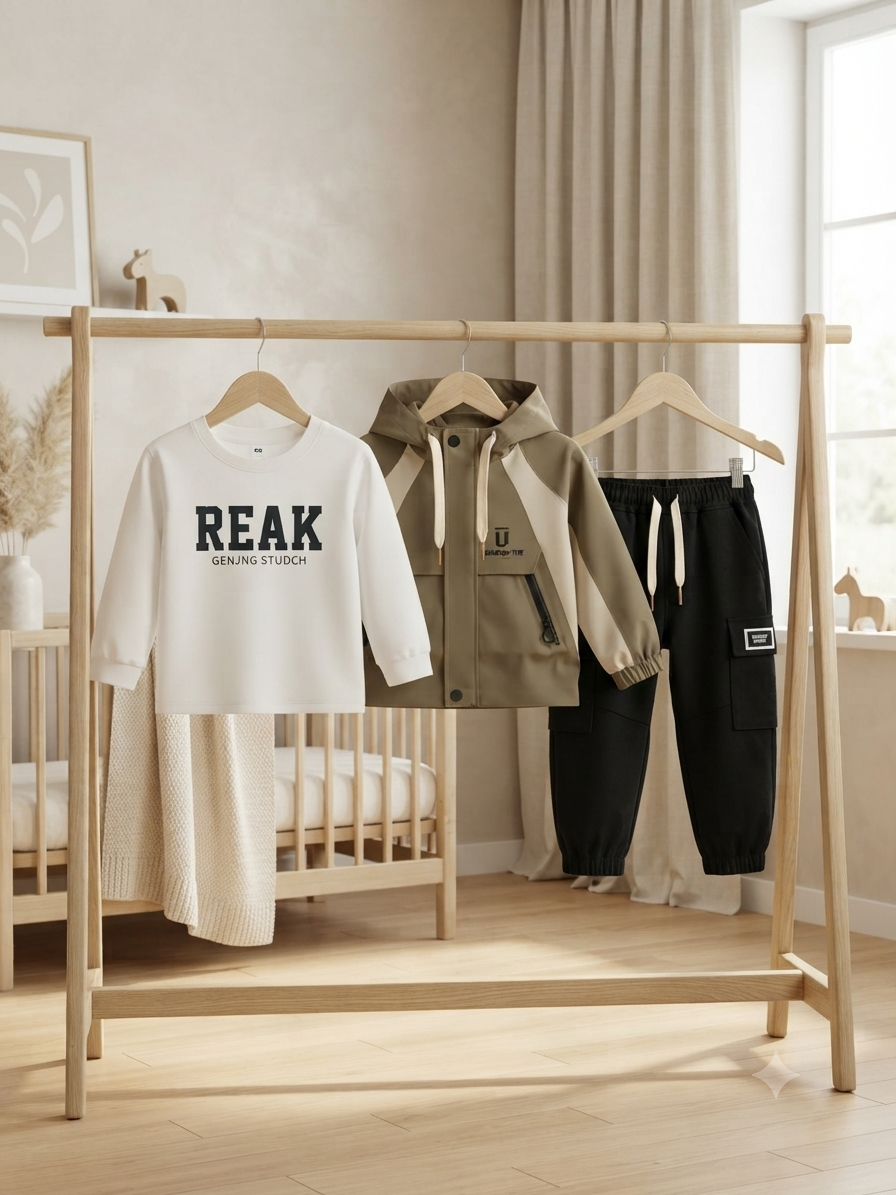 Stylish Kids Three Piece Winter Outfit Featuring Printed Shirt Jacket And Cargo Trousers
