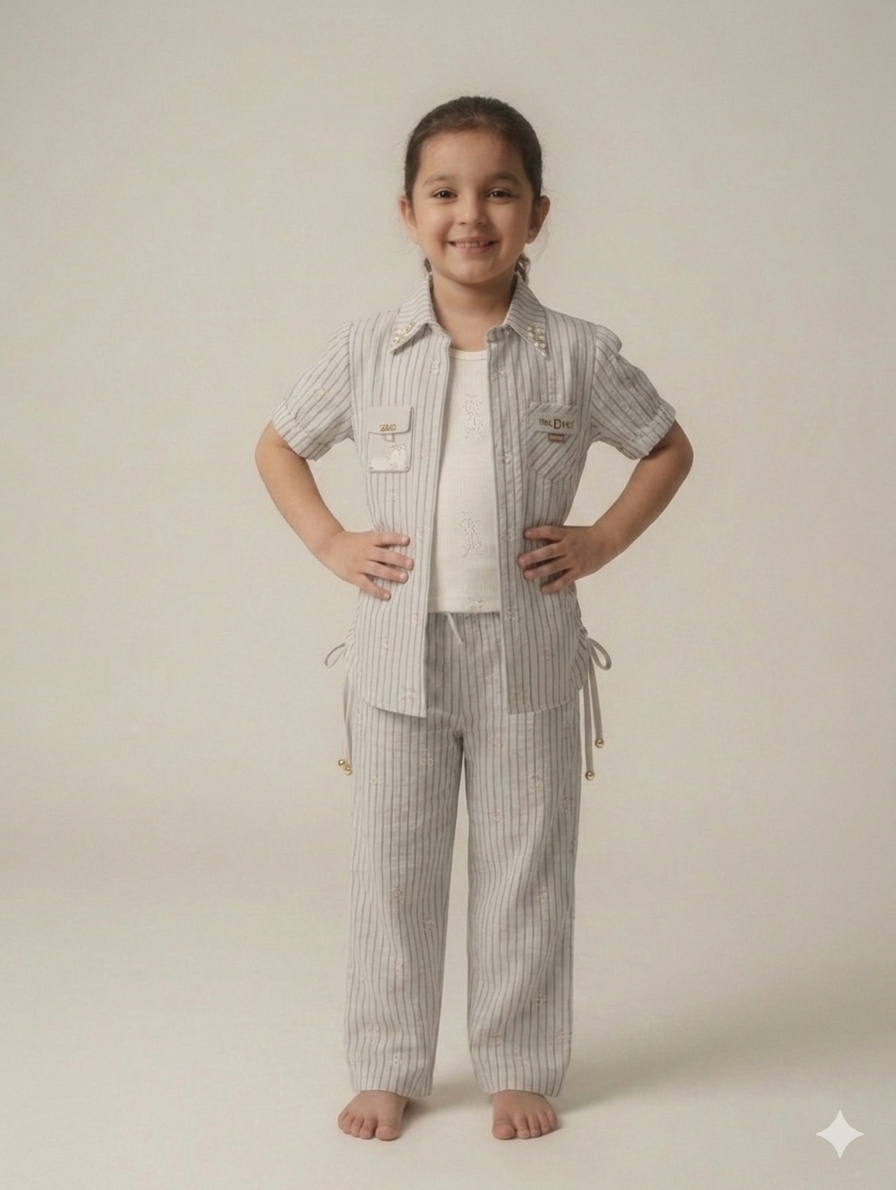 Charming Girls Three Piece Pinstripe Casual Set With Short Sleeve Shirt Tank And Trousers