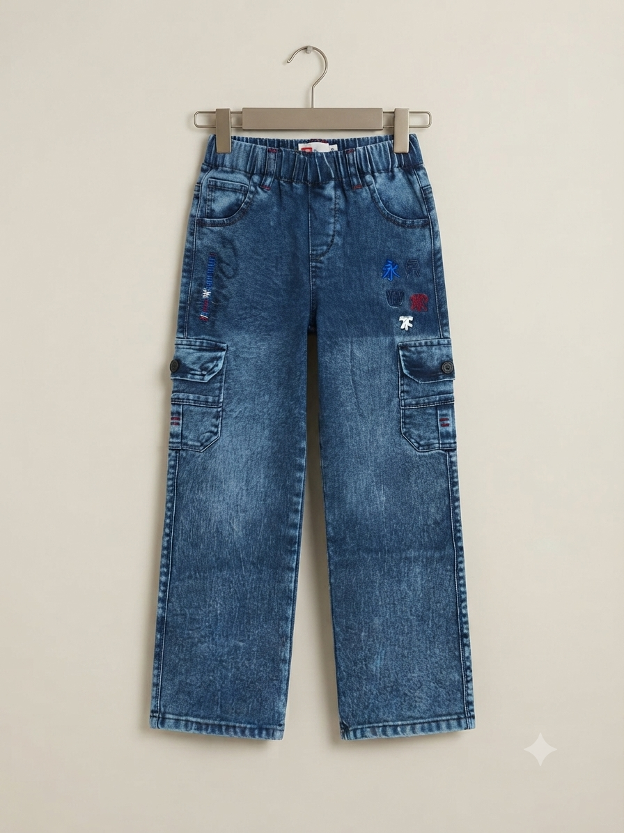 Stylish boys cargo denim pants featuring utility pockets, embroidered details, and a comfortable elastic waistband.