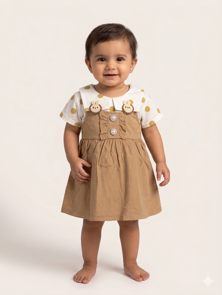 Adorable Baby Girl Polka Dot Pinafore Dress Set with Cute Bunny Accent Details