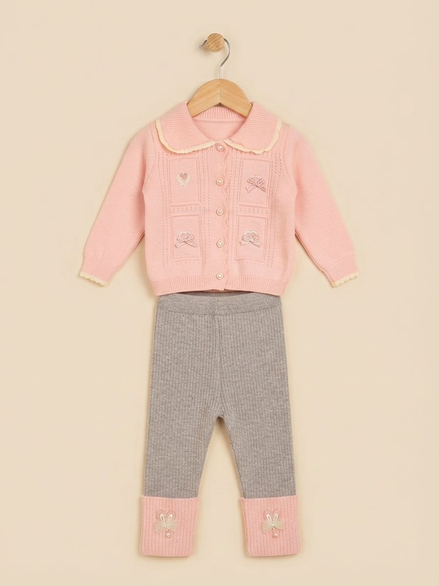 Charming Kids Knit Cardigan and Matching Pants Set Featuring Playful Mushroom Patterns