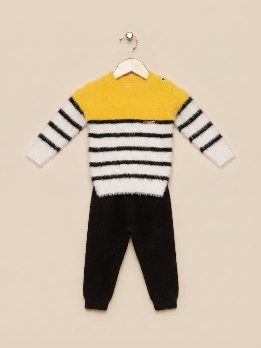 Fluffy Kids Colorblock Striped Winter Hoodie And Trouser Outfit Set