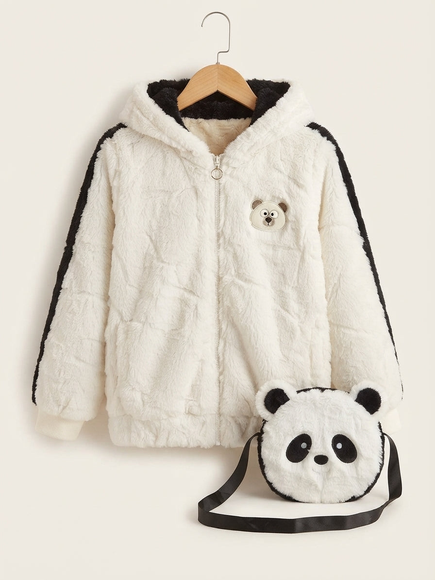 Kids Fluffy Furry Hooded Jacket And Matching Cute Animal Face Sling Bag Set