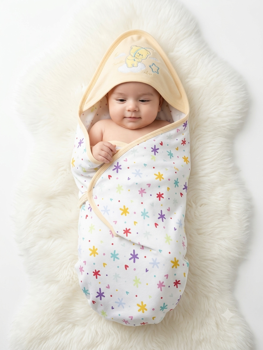Cute Hooded Baby Swaddle Blanket Soft Cotton Wrap With Printed Colorful Floral Design