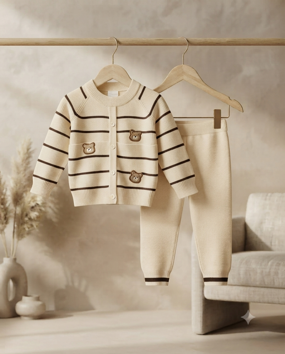 Cozy Striped Knitted Cardigan And Pants Set With Cute Bear Patch Design For Babies