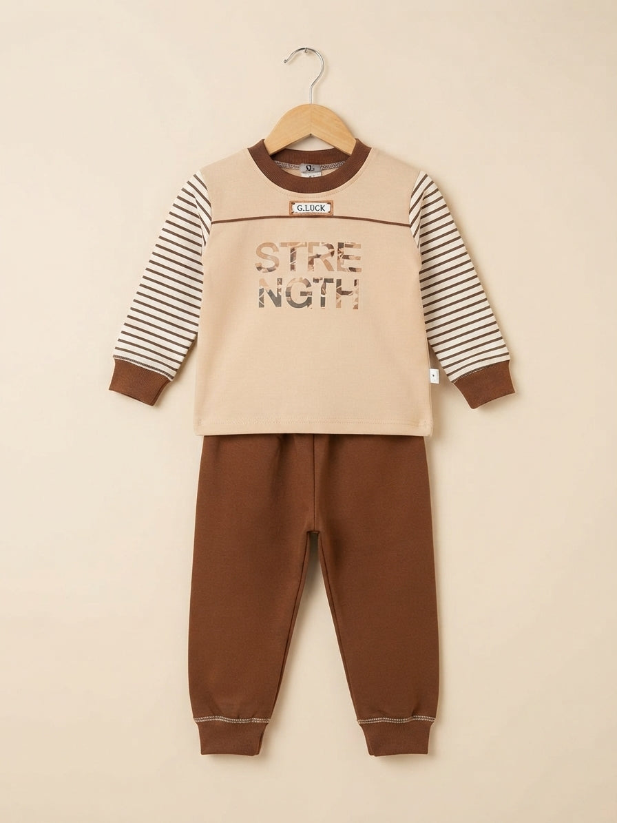 Stylish Kids Striped Sleeve Strength Graphic Shirt And Matching Trouser Outfit Set