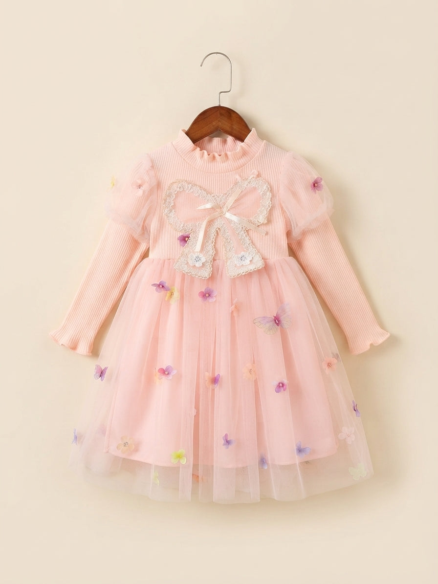Elegant Winter Sequins Bow Long Sleeve Mesh Party Dress For Cute Little Girls