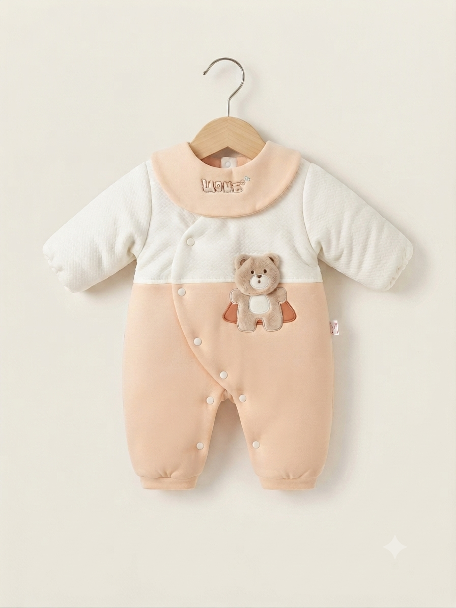 Cute Baby Winter Romper Fleece Thick Warm Infant Sleepsuit With Adorable Bear Applique Design