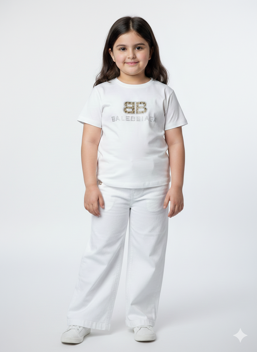 ✨ Balenciaga Kids Luxury White Cotton T-Shirt and Matching Wide-Leg Pants Two-Piece Premium Fashion Set 👗
