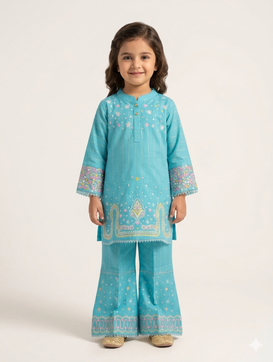 Toddler Girls Elegant Embroidered Kurta and Gharara Set with Traditional Lace Trim and Floral Patterns