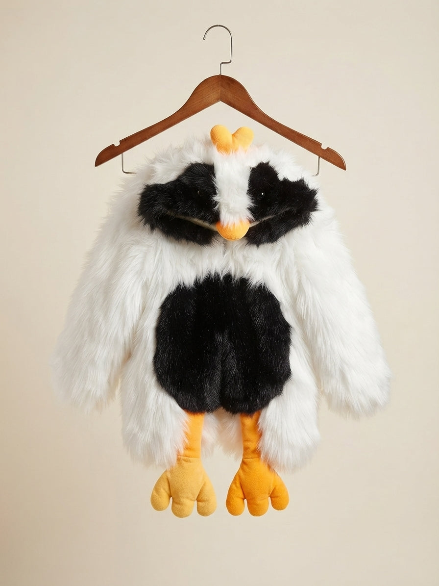 Plush Penguin Faux Fur Winter Coat with Attached Cute Feet and Hood for Kids