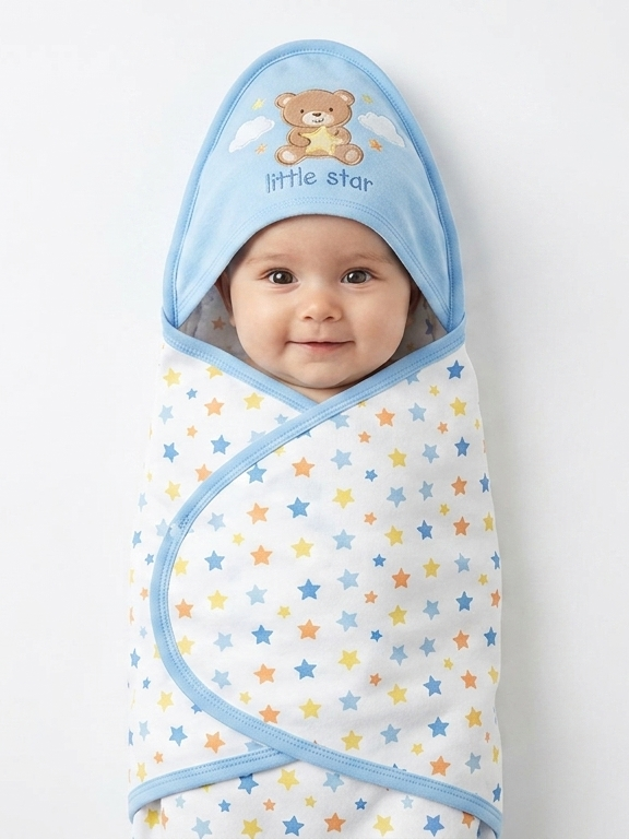 Blue Star Print Cotton Hooded Baby Swaddle Blanket With Little Star Teddy Bear