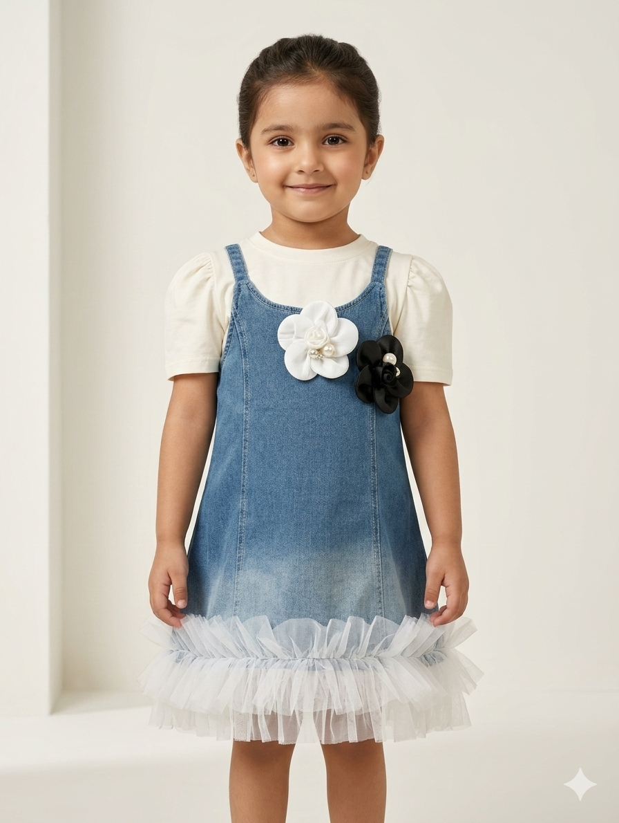 Little Girls' Floral Denim Pinafore Dress with Layered Tulle Hem and Puff Sleeve Tee