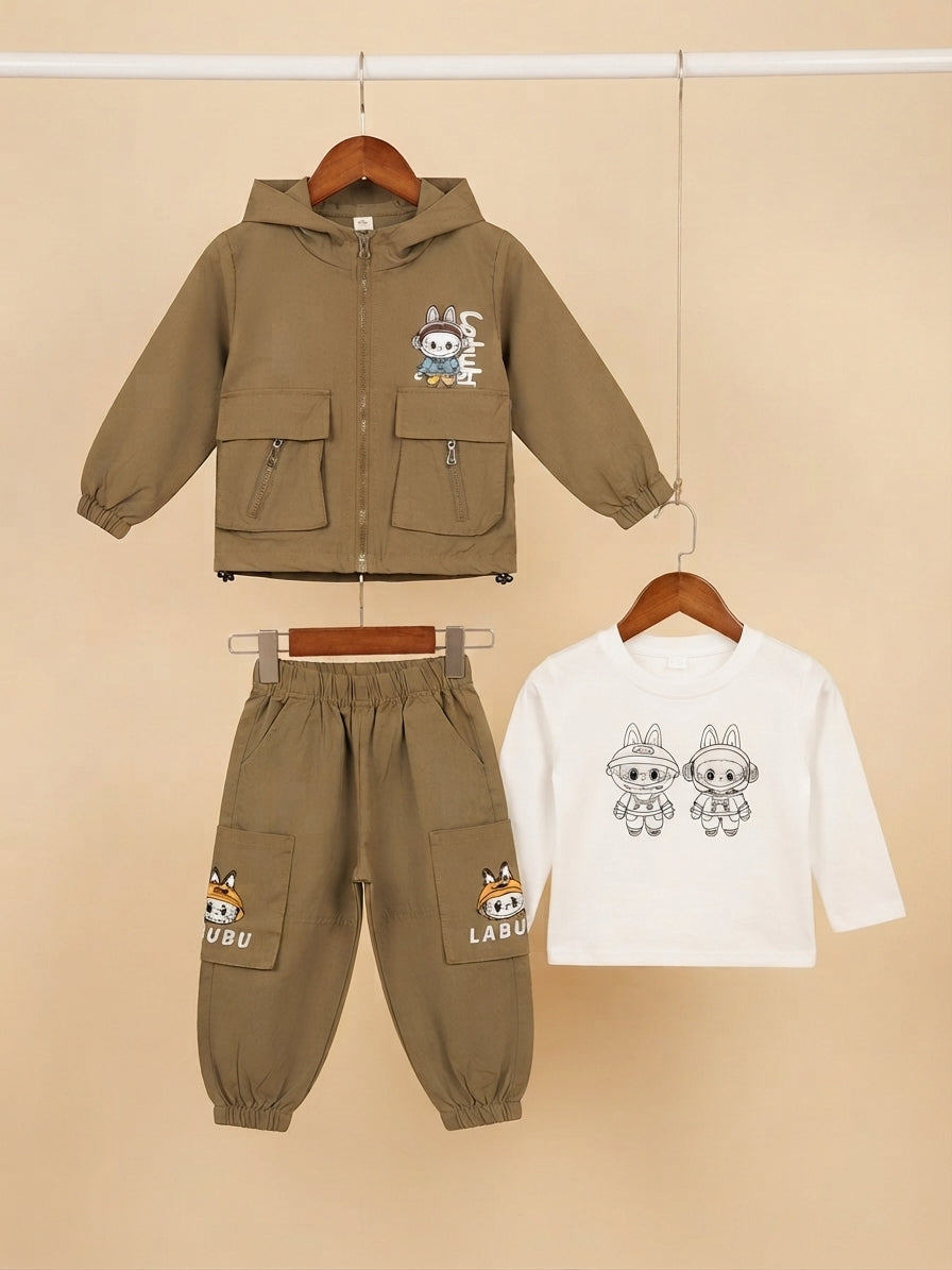 Stylish Kids 3-Piece Outfit Set Featuring Graphic Hoodie, T-Shirt, and Cargo Pants