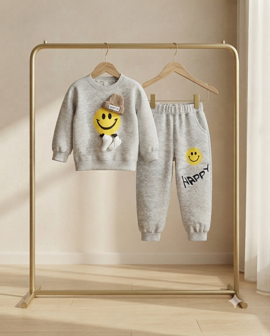 Kids Casual Stylish Smiley Face Sweatshirt And Full Length Trouser Set For Boys
