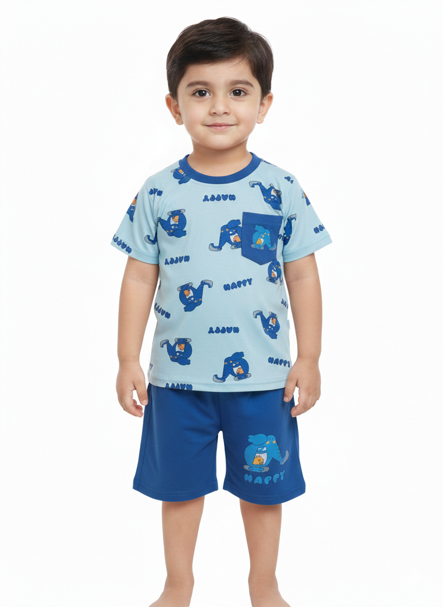 Boys' Light Blue "Happy" Elephant Print Pajama Set with Contrast Pocket and Navy Shorts