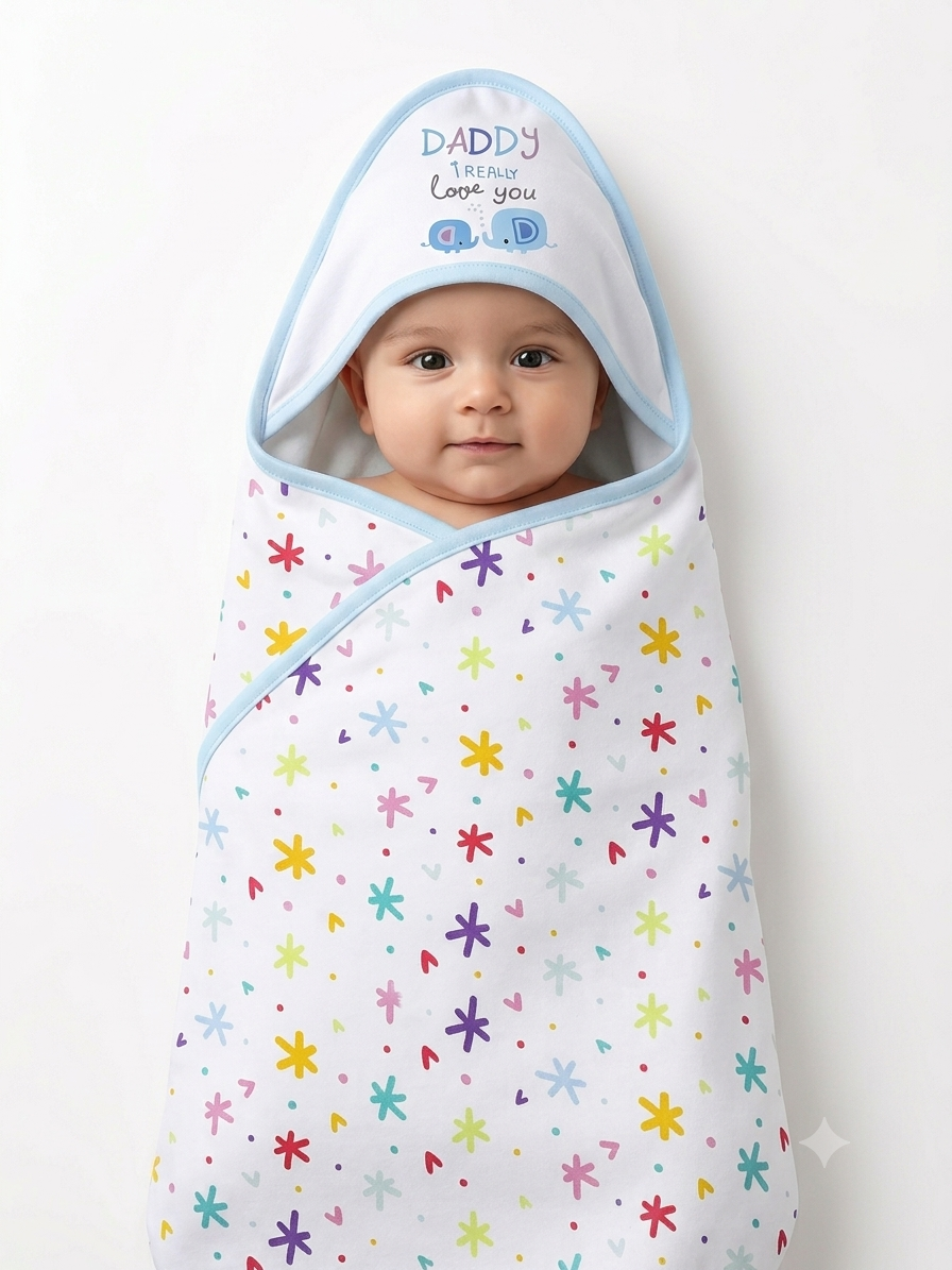 Cute Blue Hooded Baby Swaddle Blanket With Daddy Love Print And Colorful Stars