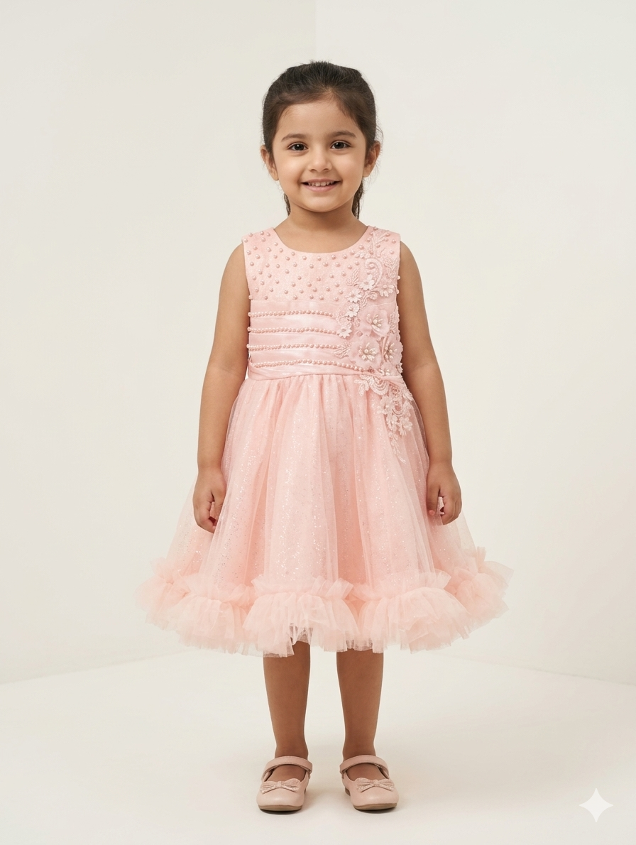 Girls Sparkly Tulle Party Dress With Pearl Accents – Ideal For Birthdays And Formal Events