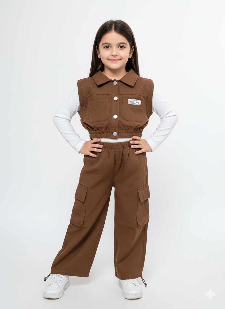 Little Girls’ 3-Piece Pastel Pink Cargo Vest & Wide-Leg Trouser Set