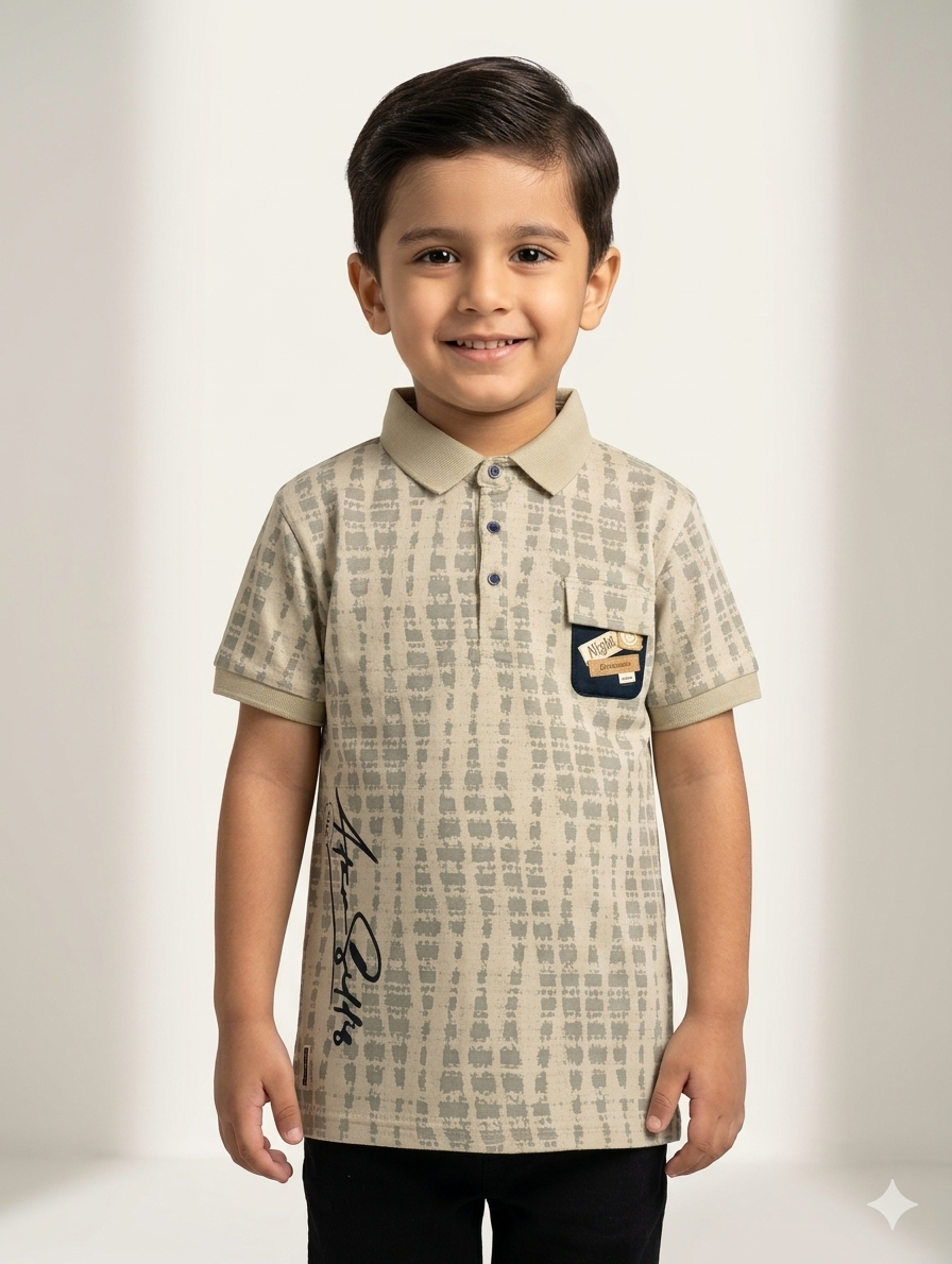 Boys' Casual Abstract Print Polo Shirt in Earthy Beige, Mustard Yellow, and Mint Green