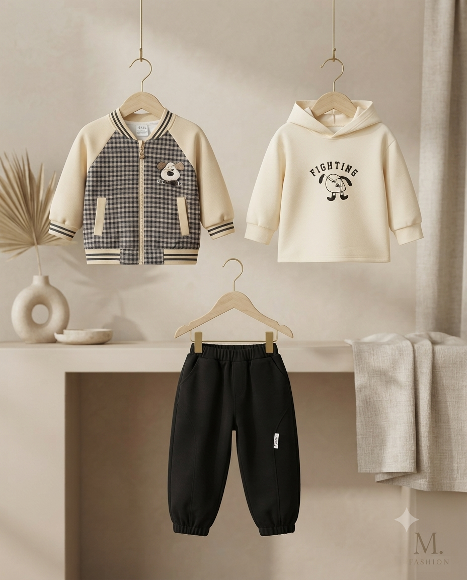 Stylish Three-Piece Plaid Bomber Jacket Hoodie And Comfortable Pants Set For Little Kids