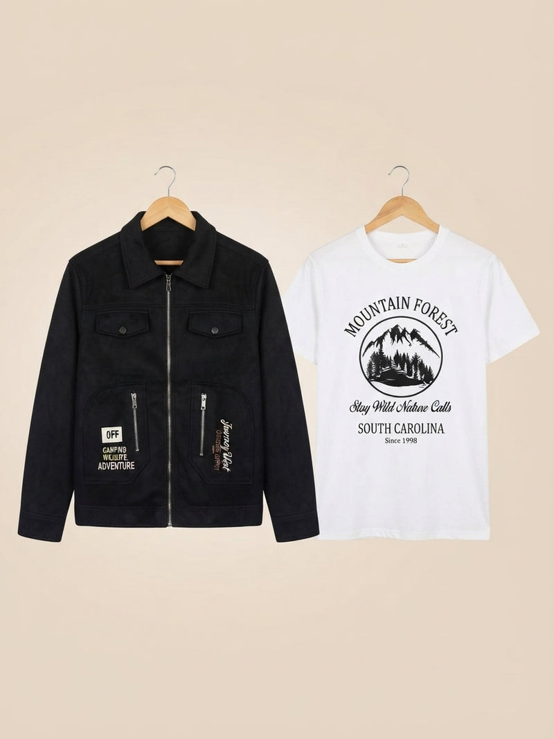 Stylish Kids Winter Jacket And Matching Cotton T-Shirt Outfit Set For Boys