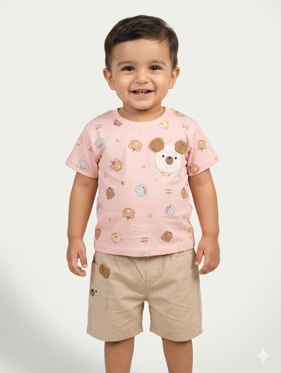 Adorable Toddler Boys Bear Print Cotton T-Shirt and Khaki Shorts Two Piece Summer Outfit Set